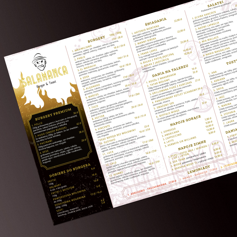 Projekt karty menu dla restauracji Jelenia Góra, Wrocław, Legnica